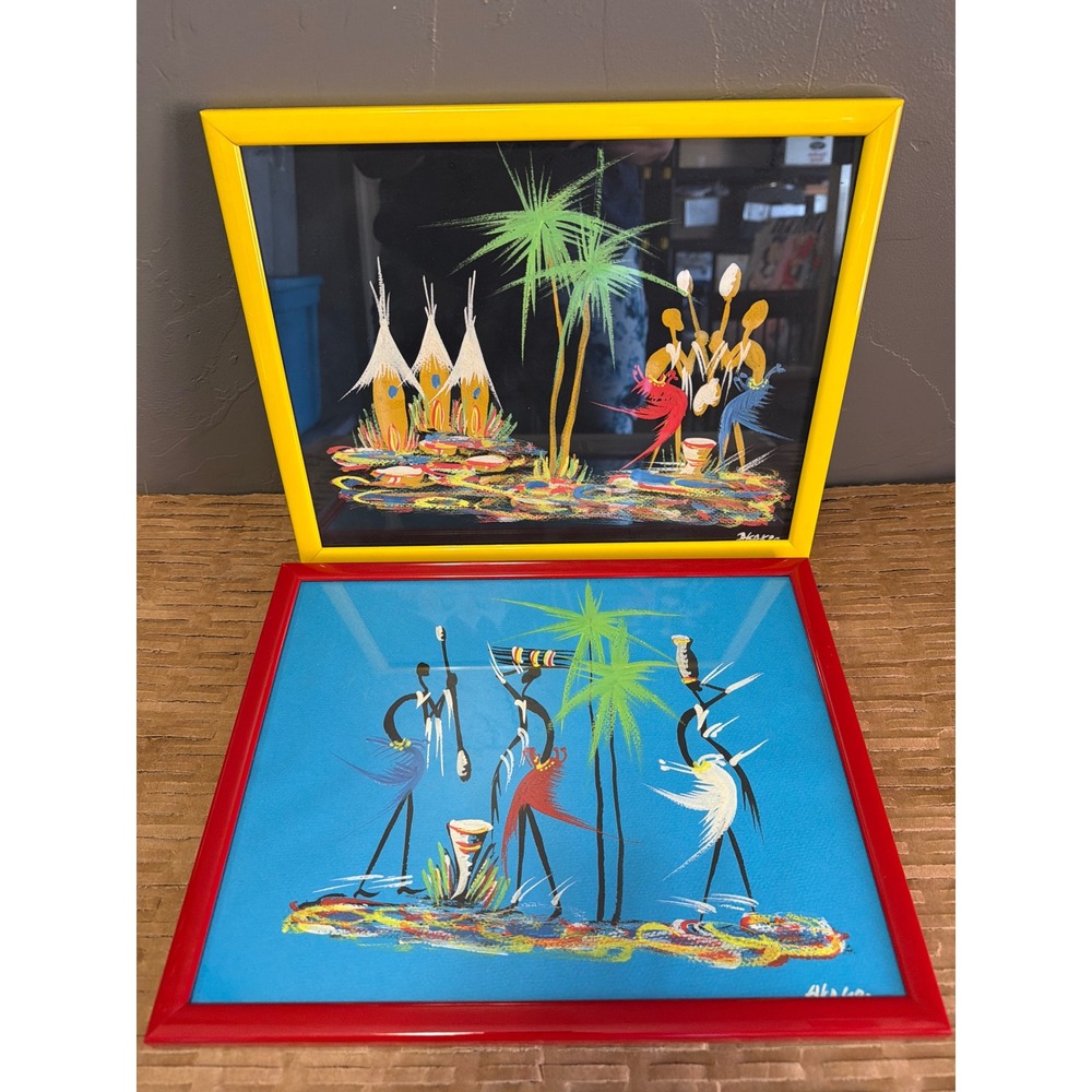 Vintage Akako African Folk Art Paintings Pair Framed Mid Century Modern Style